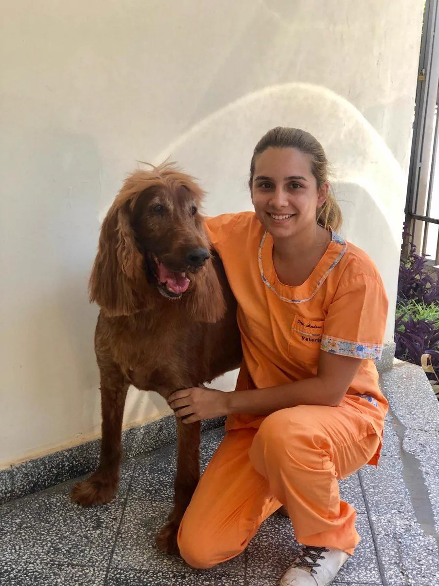 La Dra. Andrea Doldan junto a un perro Setter Irlandés en la entrada de la clínica
