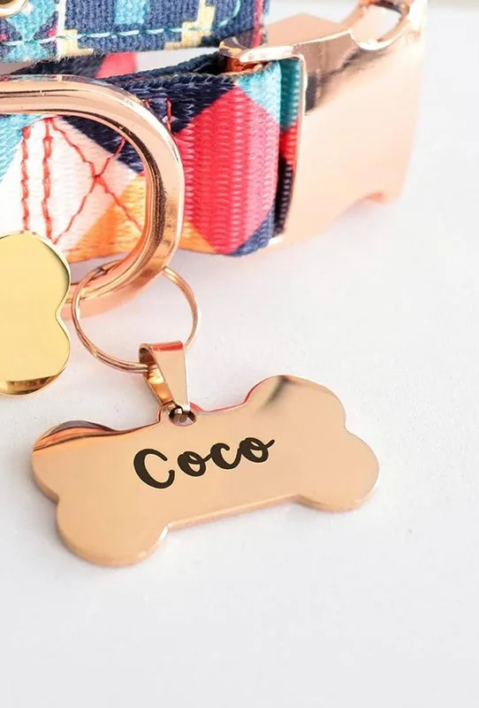 Plaquita color oro rosa grabada con el nombre Coco, colgada de un collar