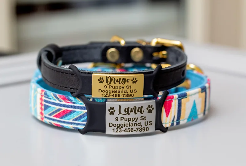 Dos collares con plaquitas rectangulares grabadas, una dorada y una plateada