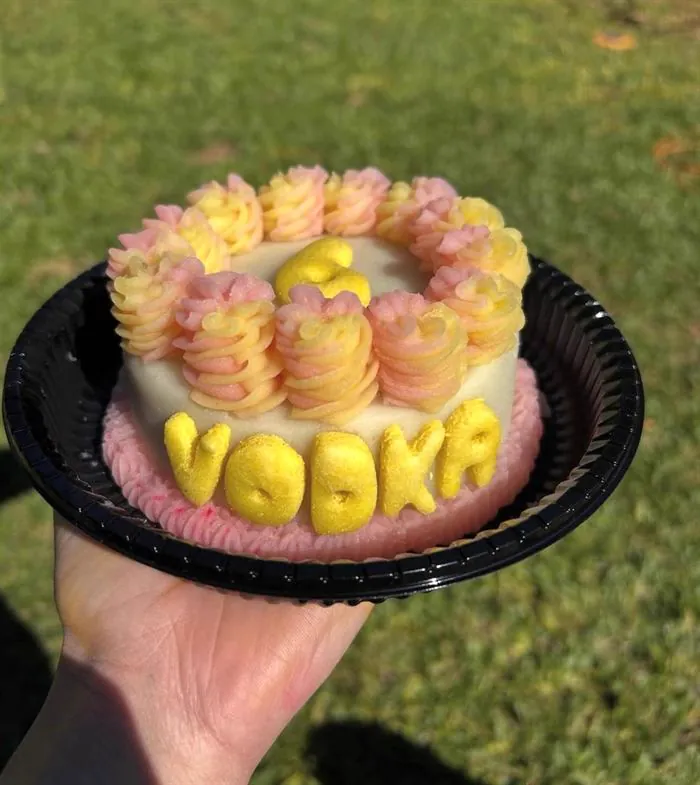 Torta canina con copos rosados y el nombre Vodka en letras amarillas